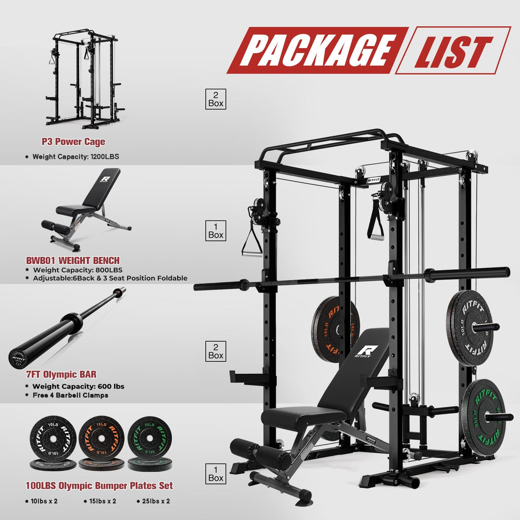 RitFit Power Cage Home Gym Package with Cable Crossover System
