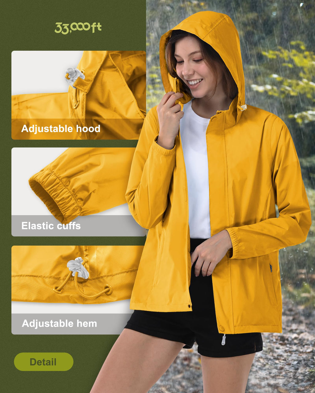 33,000ft Women's Rain Jacket Waterproof Lightweight Packable Raincoat